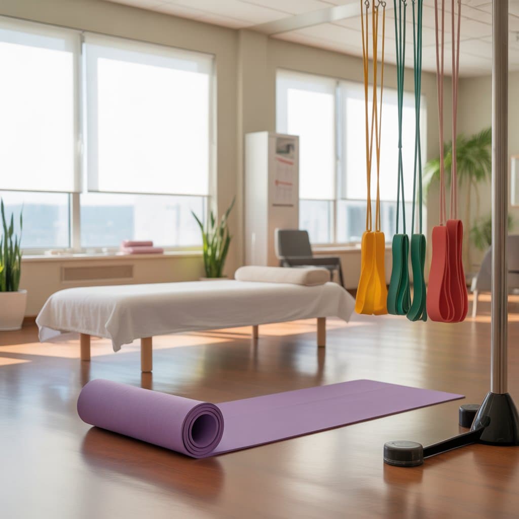 Een serene kinesitherapieruimte met een paarse yogamat, een met wit bedekte massagetafel, hangende weerstandsbanden en kamerplanten bij zonovergoten ramen.