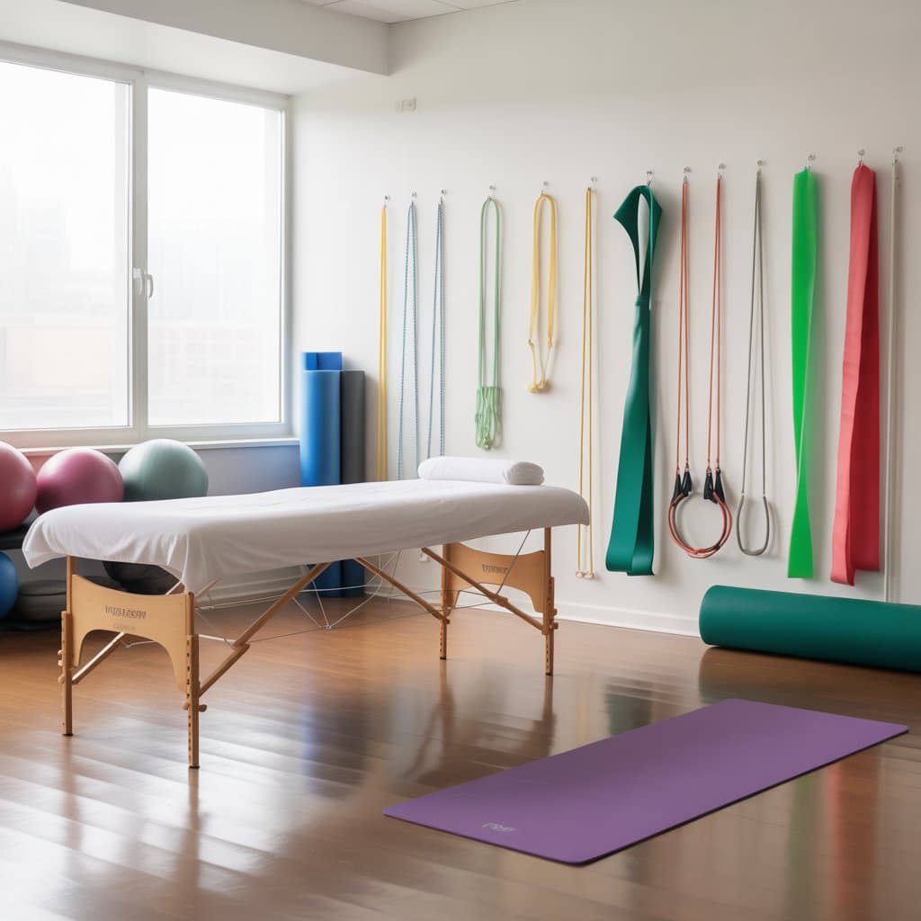 Heldere oefenruimte met massagetafel, gekleurde yogamatten en oefenballen; banden hangen netjes aan de muur in een rustige sfeer.